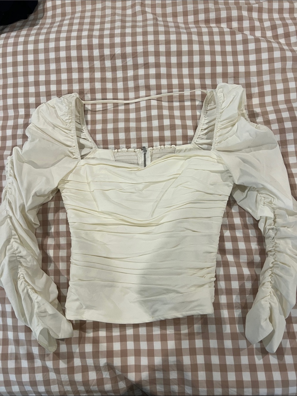 Reformation Cream Ruched Square-Neck Long Sleeve Top